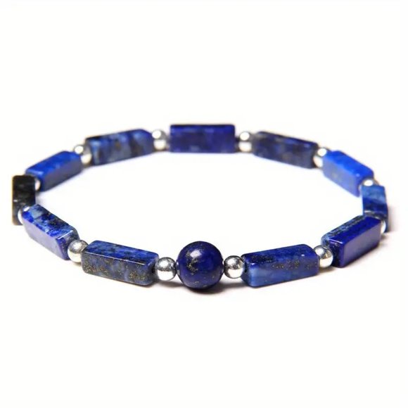 Lapis Lazuli Natural Stone Rectangular Beads Stretchable Bracelet Woven Beaded - Picture 2 of 2